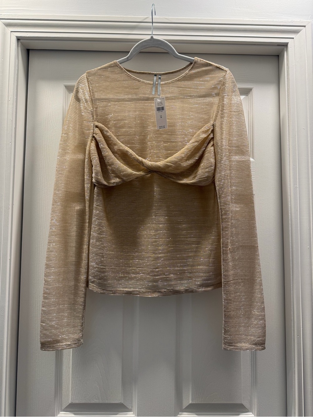 Anthropologie Metallic Gold and Silver Sheer Twist-Front Long Sleeve Top - M